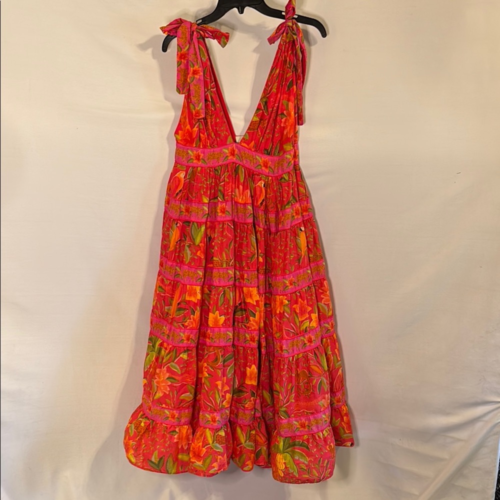 Farm Rio Vibrant Pink and Orange Floral tiered V-Neck Sleeveless Dress Medium